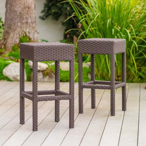 Outdoor PE Rattan Backless Barstools, Set of 2, Dark Brown