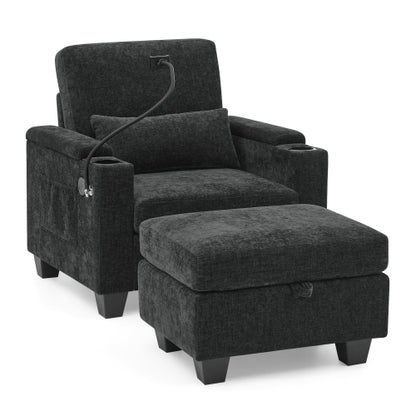 Black Manual-Adjust Recliner Chair with USB, Storage & Ottoman