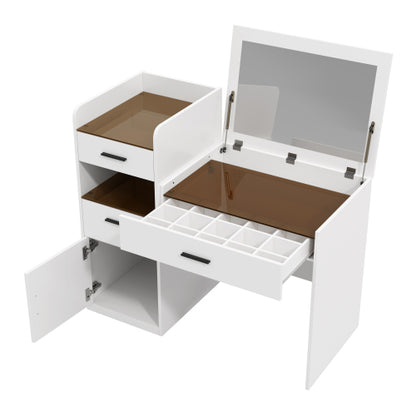 White 3in1 Flip-Top Vanity Desk, Amber Glass Top, Adjustable Dividers, Hidden Storage Cabinet