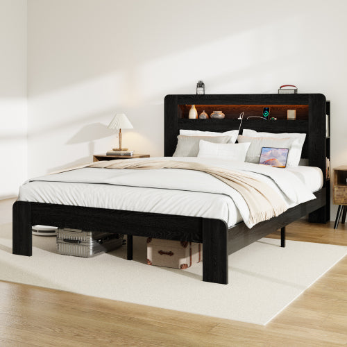 Bed Frame Full Size, Wood Platform Bed Frame with Storage LED Light Headboard and 2 USB , Noise Free,No Box Spring Needed and Easy Assembly Tool,Large Under Bed Storage,Dark Black