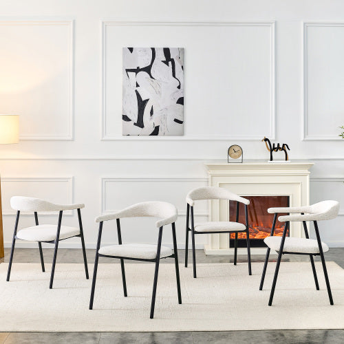 Fabric Upholstered Dining Chairs with Black Metal Legs, Set of 4, White