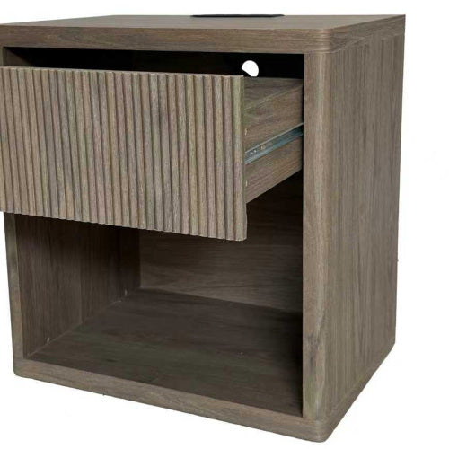 Grey Alder Large Fluted Nightstand, EPA Certified Wood Mid-Century Bedside Table with Drawer & Open Space