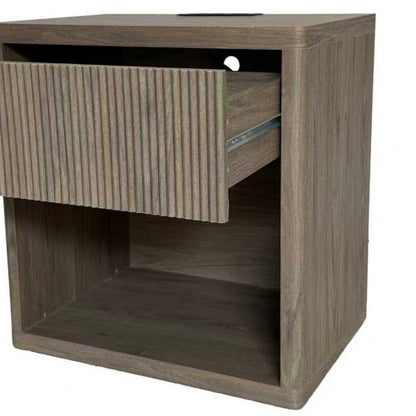 Grey Alder Large Fluted Nightstand, EPA Certified Wood Mid-Century Bedside Table with Drawer & Open Space