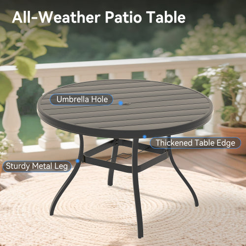 VRSHWO"Outdoor Round Patio Dining Table for 4-6, All Weather Metal Dining Table with Umbrella Hole for Deck Lawn Garden Backyard
