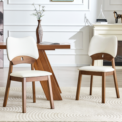 Set of 2 Walnut Wood Dining Chairs, White PU Upholstered Hollow Back Kitchen Chairs