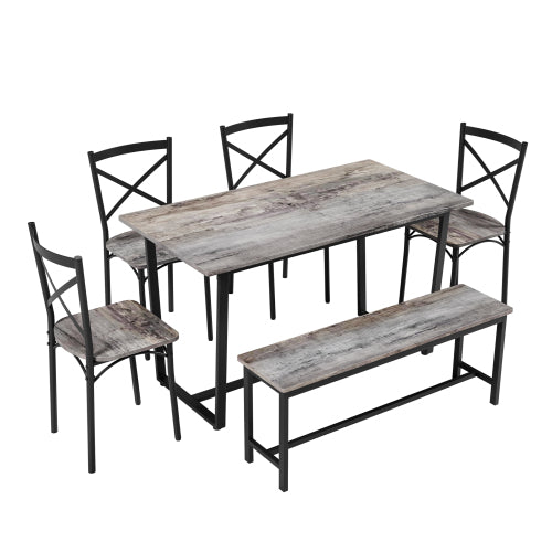 6-Piece Gray Industrial Dining Set, MDF Table, 4 Chairs & 1 Bench