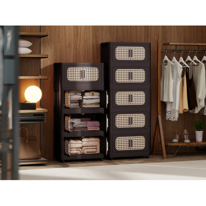 Retro Brown 20 Inch Five-Tier Folding Plastic Storage Cabinet Magnetic Door With Universal Moving Wheels