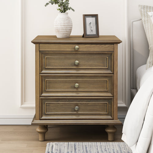 Light Brown Farmhouse Nightstand, 4 Drawers & Pull-Out Tray Wood Side Table