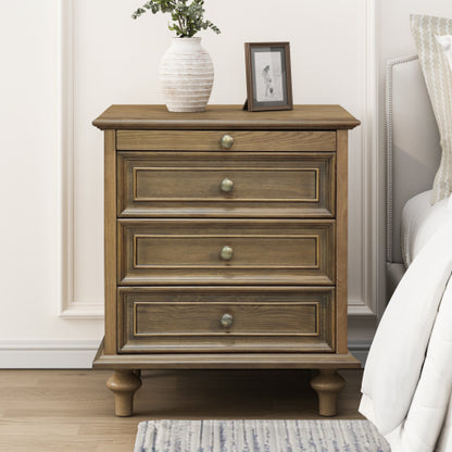 Light Brown Farmhouse Nightstand, 4 Drawers & Pull-Out Tray Wood Side Table