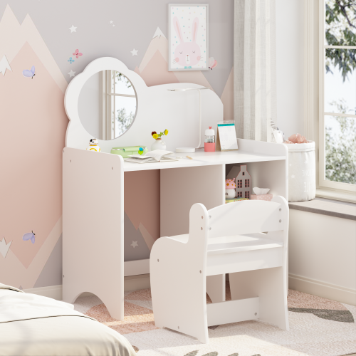 Kids Vanity Table with Mirror and Chair, Wooden Children's Dressing Makeup Desk with Storage Shelves, Playroom Bedroom, White