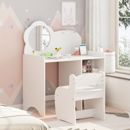 Kids Vanity Table with Mirror and Chair, Wooden Children's Dressing Makeup Desk with Storage Shelves, Playroom Bedroom, White