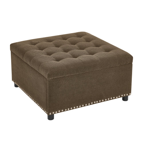 Dark Brown Tufted Square Storage Ottoman with Nailhead Trim, Upholstered Accent Foot Stool