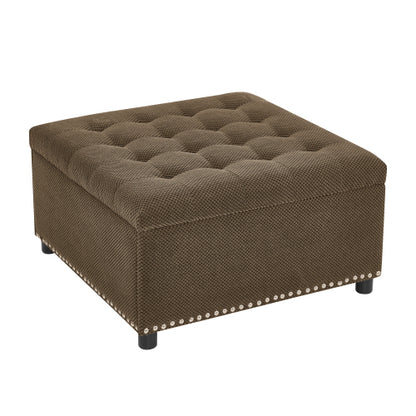 Dark Brown Tufted Square Storage Ottoman with Nailhead Trim, Upholstered Accent Foot Stool