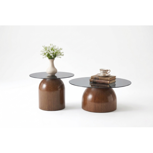Set of 2 Walnut Nesting Glass Coffee Tables, Space-Saving Round Center Table