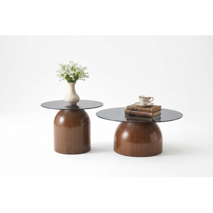 Set of 2 Walnut Nesting Glass Coffee Tables, Space-Saving Round Center Table