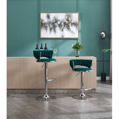 Set of 2 Bar Stools,with Chrome Footrest and Base Swivel Height Adjustable Mechanical Lifting Velvet + Chrome  Leg Simple Bar Stool-GREEN