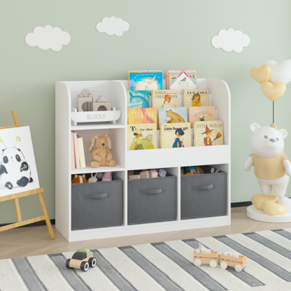 Kids Bookcase with 3 Fabric Drawers, MDF Toy Storage Organizer, White/Gray