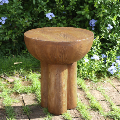 Iris Outdoor Patio Three-Legged Wood-Grain Round MGO Side Table, Brown