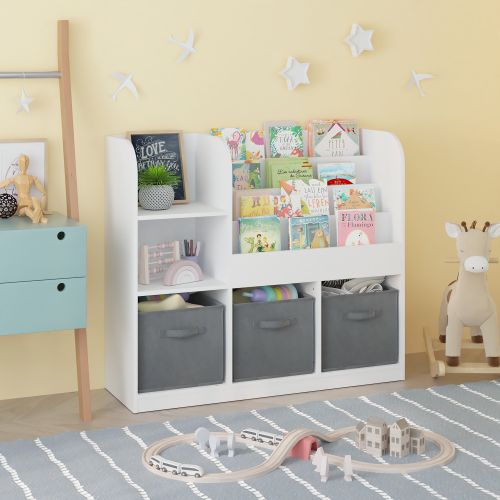 Kids Bookcase with 3 Fabric Drawers, MDF Toy Storage Organizer, White/Gray