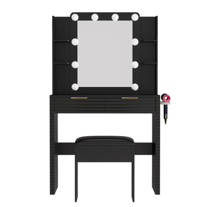 Makeup Vanity Desk with 10 Hollywood Bulbs, Fluted Dressing Table with Charging Station, 2 Drawers and 4 Open Shelves, Hairdryer Holder, Padded Stool with Storage , Black