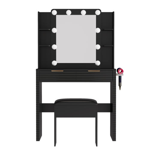 Makeup Vanity Desk with 10 Hollywood Bulbs, Fluted Dressing Table with Charging Station, 2 Drawers and 4 Open Shelves, Hairdryer Holder, Padded Stool with Storage , Black