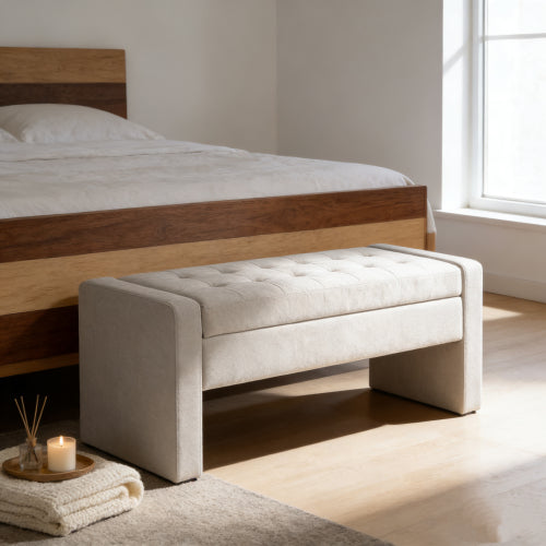 50inch  Modern Upholstered Storage Bench with Tufted Seat, Fabric Ottoman Bench for Bedroom, Entryway, or Living Room, Soft Close Hinge