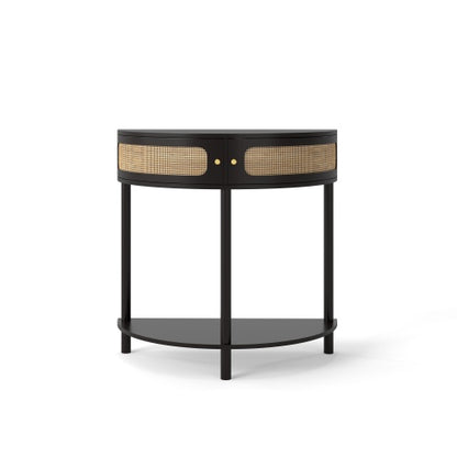 Half Moon Console Table Rattan Sliding Door Storage Entryway Cabinet Black Boho Accent