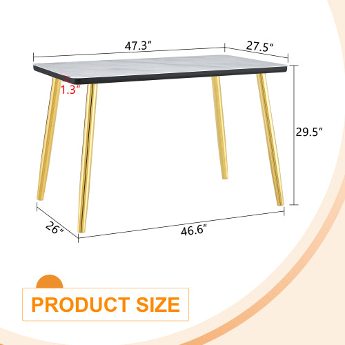 47.3 Inch Marble Tempered Glass Dining Table with Gold Tapered Metal Legs