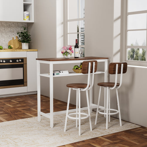 3-Piece Wood Top Bar Set, White Steel Frame Table & 2 Stools with Rack