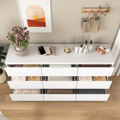 9 Drawer Dresser with No Handle Design, Modern White Matte Wood Dresser for Bedroom, Storage Chest of Drawers for Living Room, Hallway, Entryway