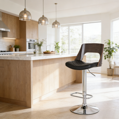 Modern Stylish Wood Back Adjustable Swivel Bar Stool with Diamond Quilted Finish Curved Seat and Back, Weathered Oak