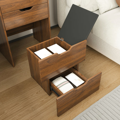 Walnut 3-in-1 Vanity Desk with Lighted Mirror & Stool, Flip Top Makeup Table, Compact Storage for Bedroom
