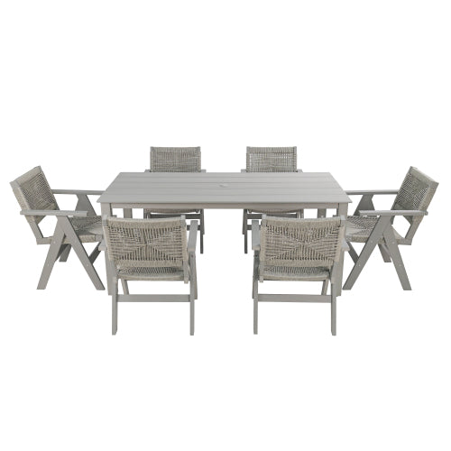 A wooden-textured imitation wood dining table, simple yet with a high quality feel. It has a small tabletop and is perfect for outdoor picnics. Light gray color, 68.9 inches long.