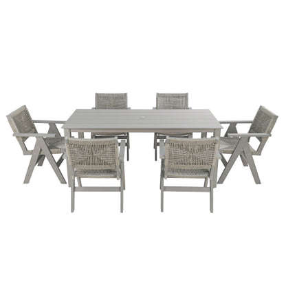 A wooden-textured imitation wood dining table, simple yet with a high quality feel. It has a small tabletop and is perfect for outdoor picnics. Light gray color, 68.9 inches long.