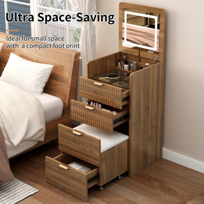 Walnut 3?in?1 Flip?Top Vanity Desk with Rolling Stool, LED Lights & Fluted Drawer