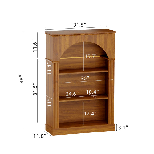Light Walnut 3-Tier Arched Open Bookshelf Beaded Trim Eco-Friendly Wood Living Room Hallway Display Shelf