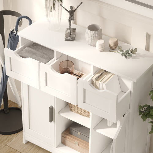 White Multi-Functional Wooden Storage Cabinet With 3 Drawers 2 Doors Adjustable Shelves Home Accent Cabinet