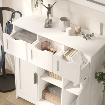 White Multi-Functional Wooden Storage Cabinet With 3 Drawers 2 Doors Adjustable Shelves Home Accent Cabinet