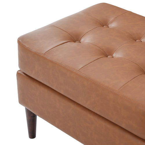 PU Leather Ottoman with Tufted Design and Solid Wood Legs