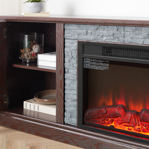 70 Inch TV Stand with Electric Fireplace Cherry Faux Stone Media Console