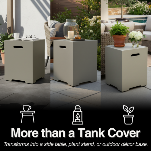 Propane Tank Cover 16 Inch, 20 LB Outdoor Tank Storage Hideaway Table for Gas Fire Pits, Concrete Tank Holder, Cement grey, light grey