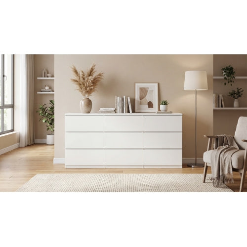 9 Drawer Dresser with No Handle Design, Modern White Matte Wood Dresser for Bedroom, Storage Chest of Drawers for Living Room, Hallway, Entryway
