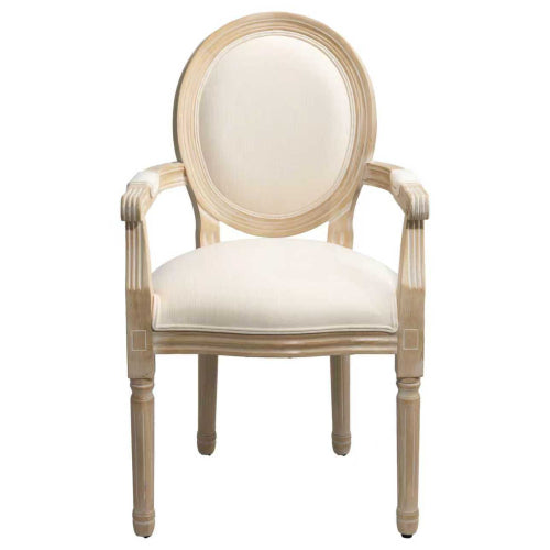 Set of 2 French Vintage Solid Wood Dining Armchairs, Cream Linen Upholstery, Hand Carved Rubberwood Legs