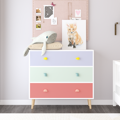 Kids 3 Drawer Dresser, Colorful Baby Nightstand Storage Cabinet, Toddler Bedroom Chest with Cartoon Pulls