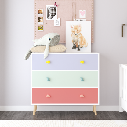 Kids 3 Drawer Dresser, Colorful Baby Nightstand Storage Cabinet, Toddler Bedroom Chest with Cartoon Pulls