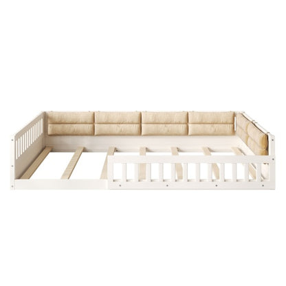 Wood Full Size Upholstered Platform Bed with Guardrail and Pillow, Beige
