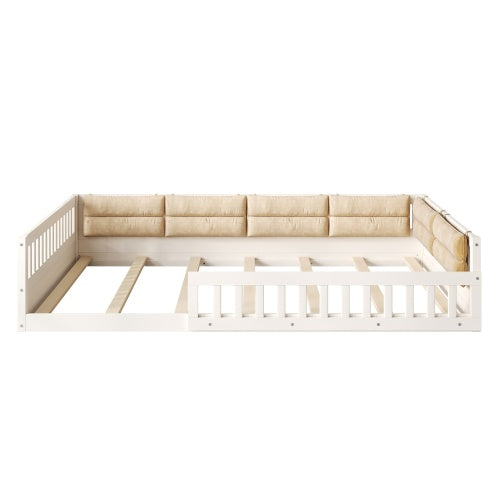 Wood Full Size Upholstered Platform Bed with Guardrail and Pillow, Beige