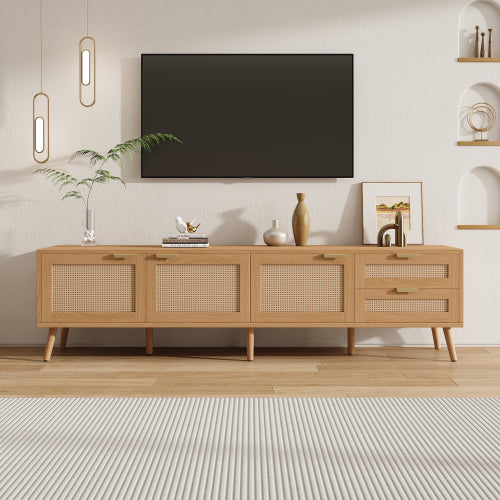 70.87 inch Natural Wood PE Rattan TV Stand 2 Drawer Media Console Fits Up To 80 Inch TV