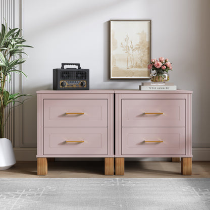 Pink Fluted Nightstand, 2-Drawer Bedside Table with Metal Handles & Solid Wood Legs