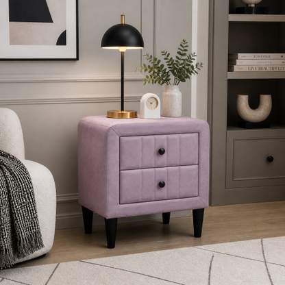 Light Pink Velvet 2-Drawer Upholstered Nightstand, 20inchW, Black Tapered Legs